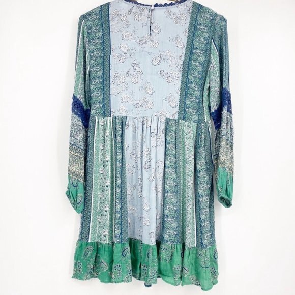 Angie Blue and Green Parsley Print w Balloon Sleeves & Lace detail S - Picture 9 of 10